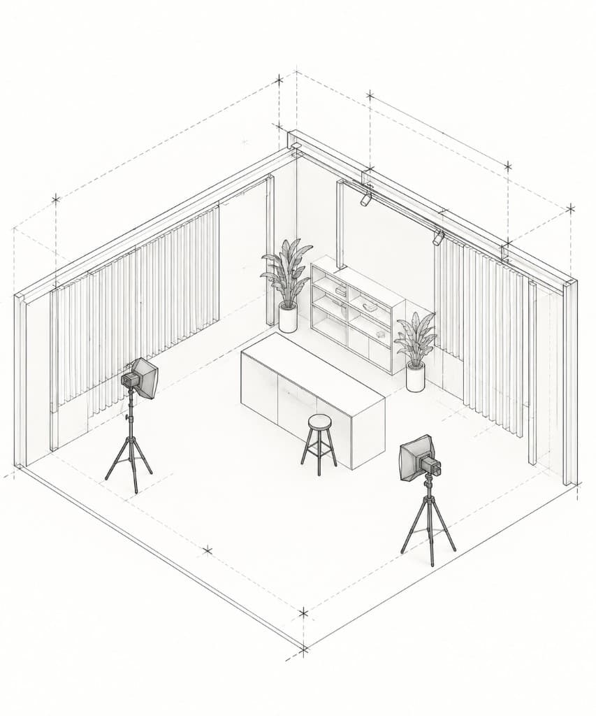 Axonometric plan of a studio set with counter, shelving and two lights.